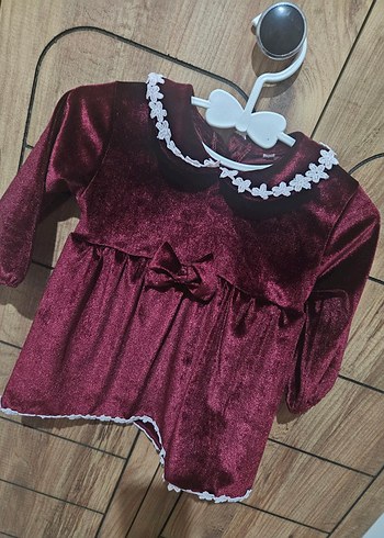 Uzun Kollu Bordo Kız Bebek Elbise Kına Yılbaşı kadife bordo - Görsel 3