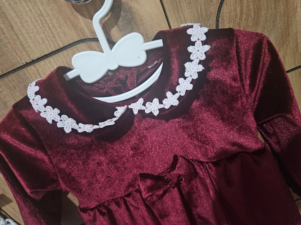 Uzun Kollu Bordo Kız Bebek Elbise Kına Yılbaşı kadife bordo - Görsel 2