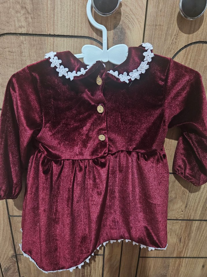 Uzun Kollu Bordo Kız Bebek Elbise Kına Yılbaşı kadife bordo - Görsel 4