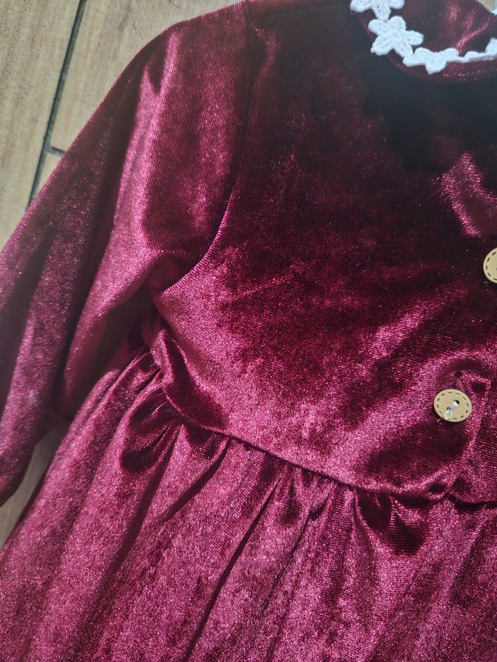 Uzun Kollu Bordo Kız Bebek Elbise Kına Yılbaşı kadife bordo - Görsel 5