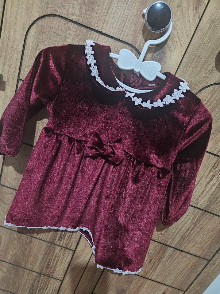 Uzun Kollu Bordo Kız Bebek Elbise Kına Yılbaşı kadife bordo - Görsel 3