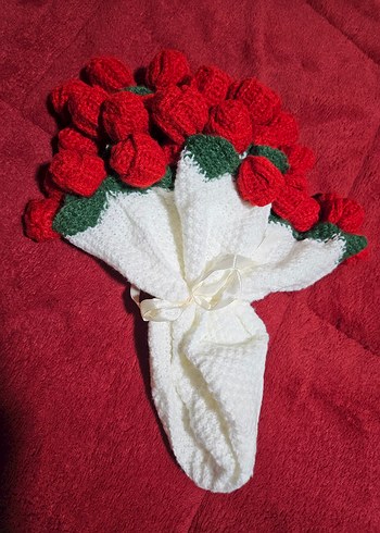 Nakışlı Beyaz örgü Buketi gül battaniye buketi - Görsel 2