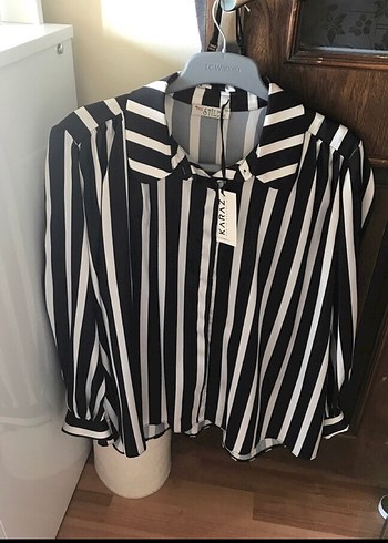 Kadın Siyah Çizgili Kısa Gömlek - Görsel 2