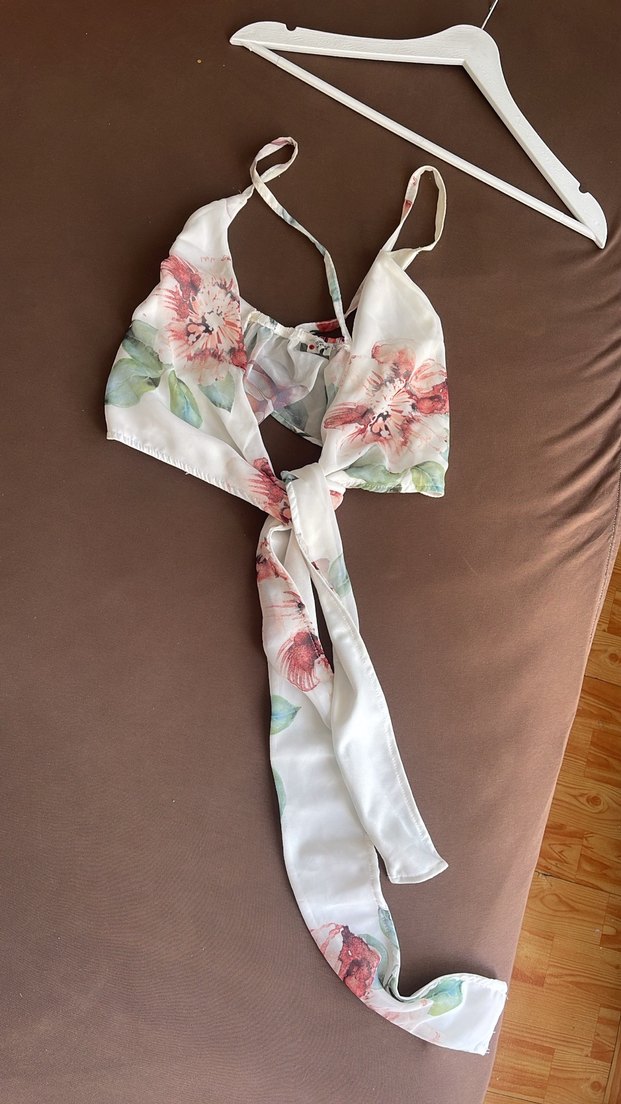 Çiçek Desenli Beyaz İpek Fular - Görsel 2