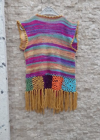 Renkli Bohem Örgü Kolsuz Yelek - Görsel 3