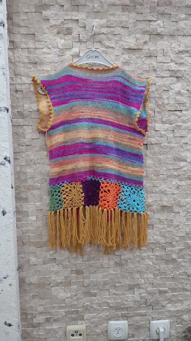 Renkli Bohem Örgü Kolsuz Yelek - Görsel 3