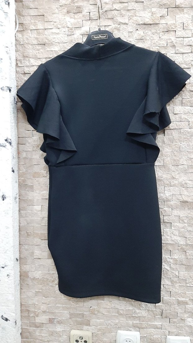 Siyah Mini V Yaka Fırfırlı Ofis Elbisesi - Görsel 3