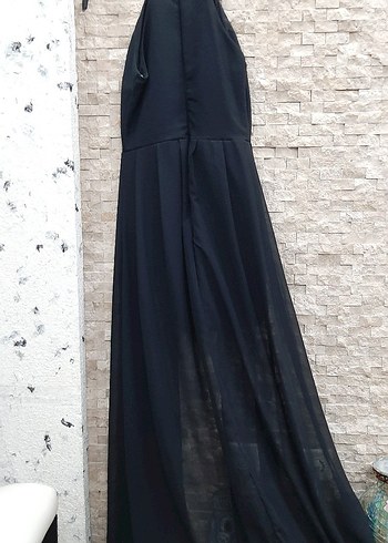 Nakışlı Siyah Uzun Askısız Elbise - Görsel 5