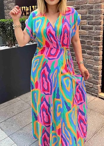 Bohem Çok Renkli Uzun Batik Elbise - Görsel 2