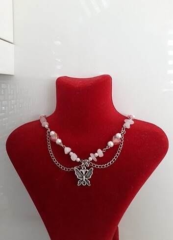 Pink quartz butterfly necklace 