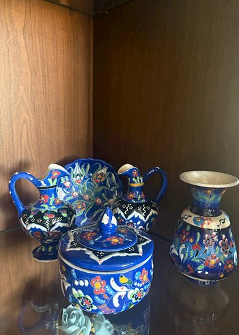 Beden mavi Renk El Yapımı Koyu Mavi Seramik Vazo seti