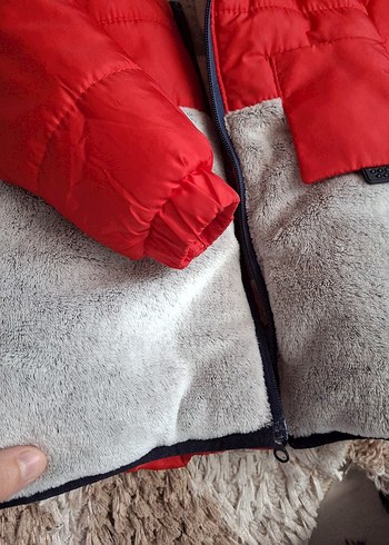 9-12 Ay Beden gri Renk Kapüşonlu, Peluş Detaylı Erkek Çocuk Mont