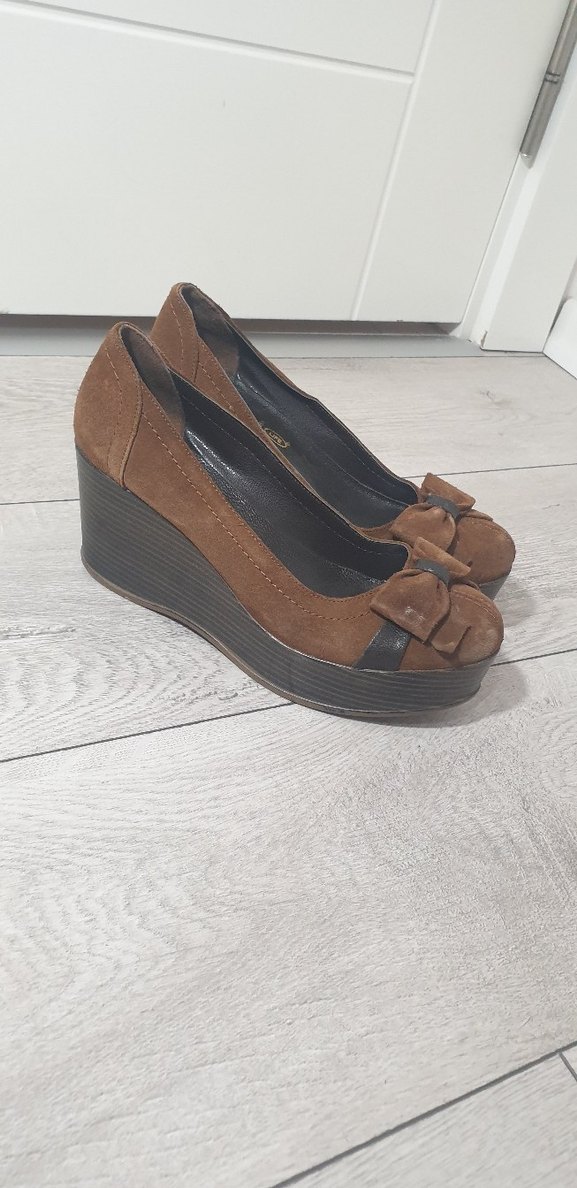 Kahverengi Deri Süet Dolgu Topuklu Kadın Ayakkabı - Görsel 5