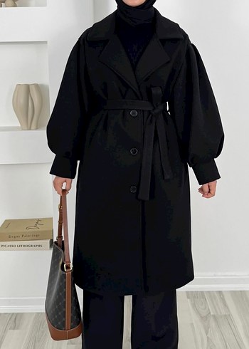 Siyah Kemerli Uzun Kadın Kaban - Görsel 2