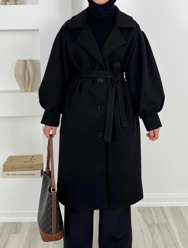 Siyah Kemerli Uzun Kadın Kaban - Görsel 2