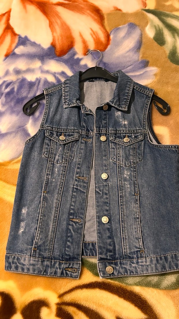 Düğmeli Kolsuz Mavi Denim Yelek - Görsel 2