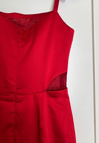 KIRMIZI SATEN MİNİ ELBİSE ABİYE - Görsel 3