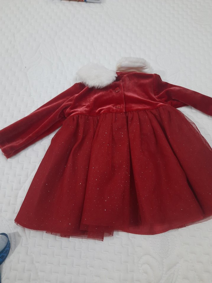 bebek elbise  Kırmızı Kürklü Yakalı Elbise - Görsel 2