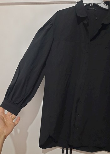Düğmeli Siyah Keten Uzun Kollu Gömlek - Görsel 3