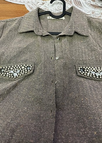 Düğmeli Gri Kadın Uzun Kollu Gömlek - Görsel 2