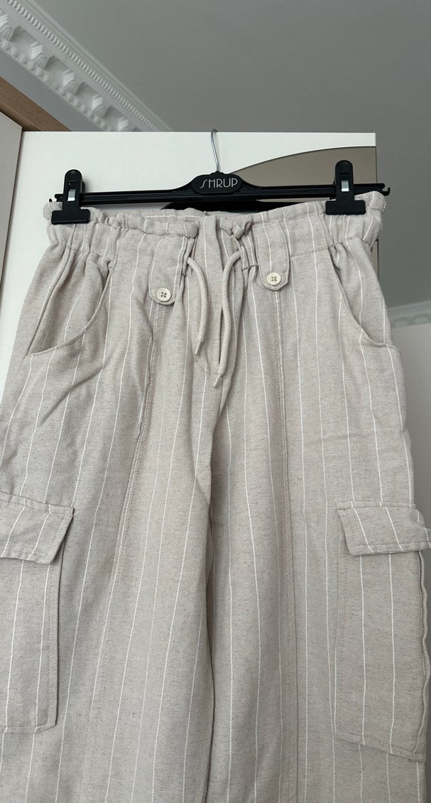 Çizgili Keten Kemerli Kadın Pantolon - Görsel 2