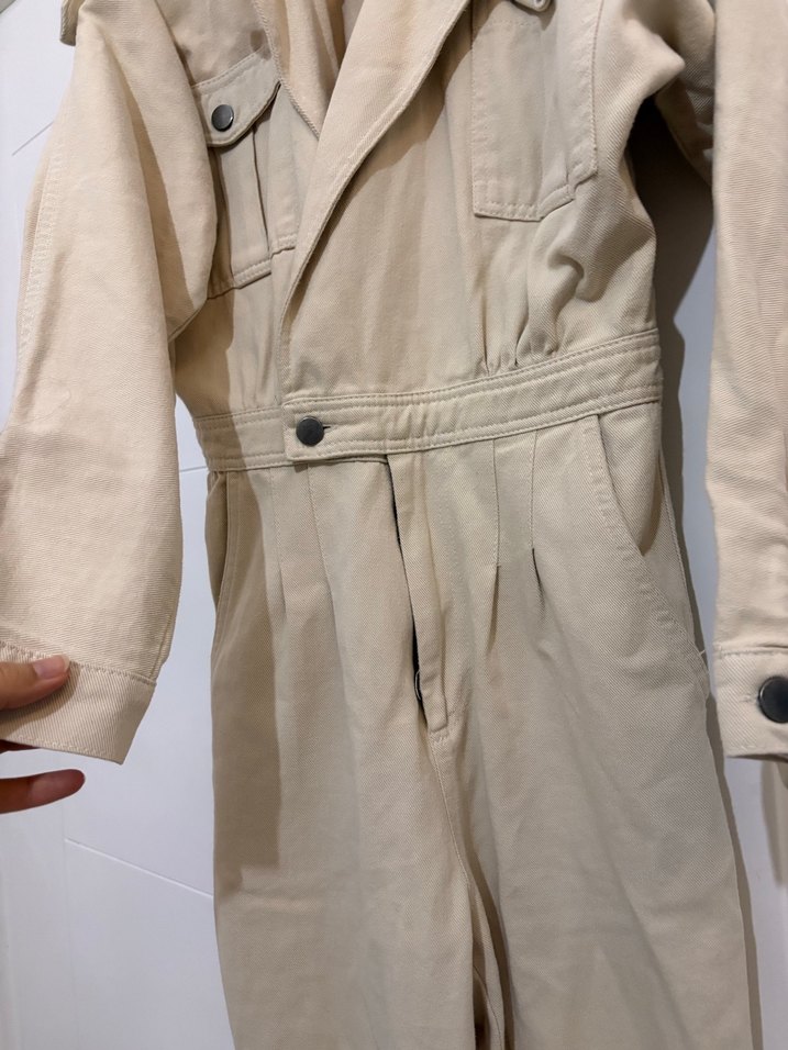 Bej Kadın Uzun Kemerli Keten Tulum - Görsel 2