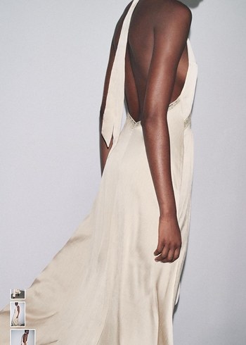 Drapeli Straplez Uzun Bej Elbise - Görsel 3