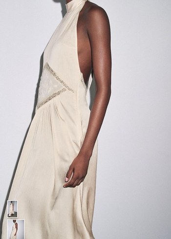 Drapeli Straplez Uzun Bej Elbise - Görsel 2