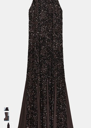 Drapeli Uzun Kahverengi Straplez Abiye Elbise - Görsel 4