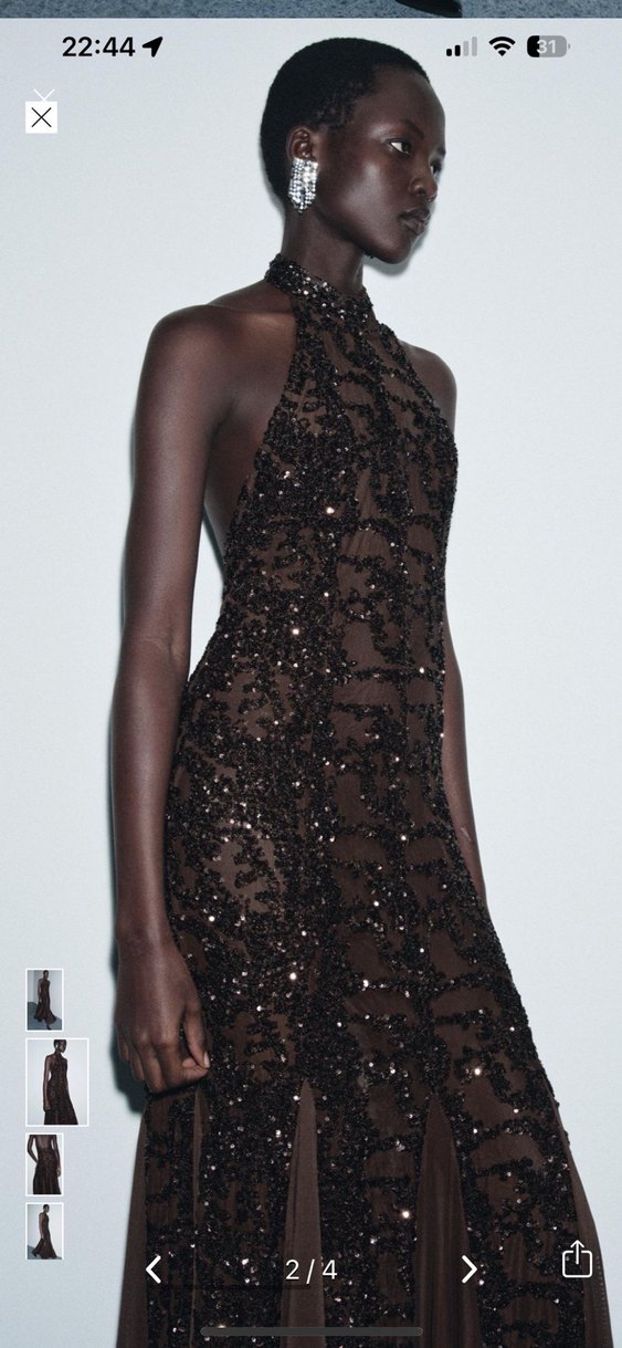 Drapeli Uzun Kahverengi Straplez Abiye Elbise - Görsel 2