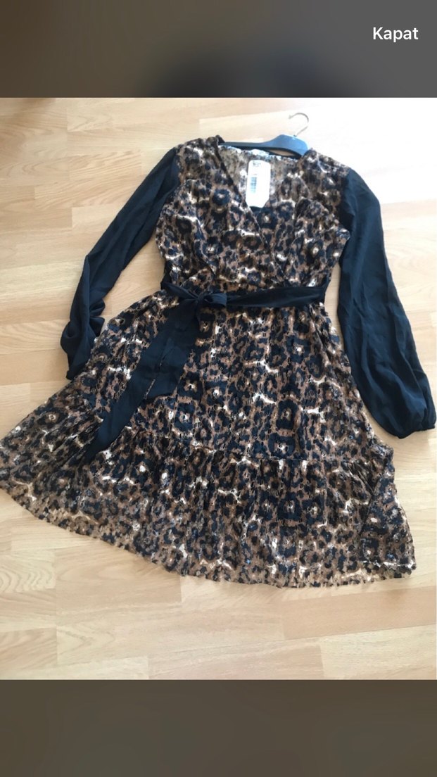 Kahverengi Leopar Desenli Midi Elbise - Görsel 4