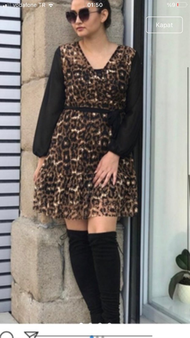 Kahverengi Leopar Desenli Midi Elbise - Görsel 2