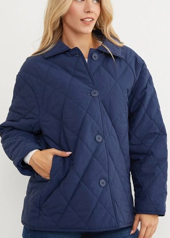 Düğmeli Lacivert Kadın Midi Kapitone Düğmeli Ceket - Görsel 2