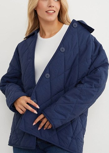 Düğmeli Lacivert Kadın Midi Kapitone Düğmeli Ceket - Görsel 3