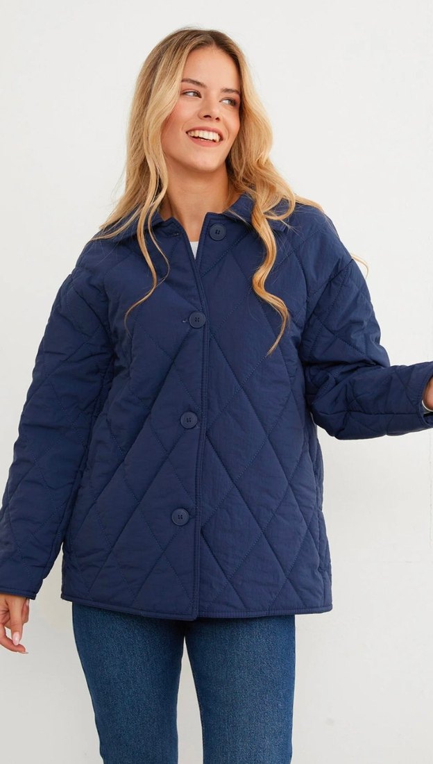 Düğmeli Lacivert Kadın Midi Kapitone Düğmeli Ceket - Görsel 5