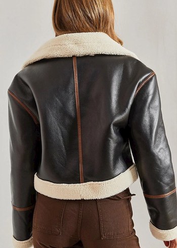 Kürklü Siyah/Kahverengi Deri Kadın Ceket - Görsel 2