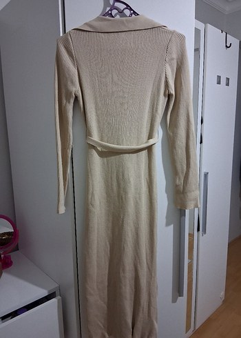 Bej Uzun Kollu Kemerli kışlık Kadın Elbise - Görsel 3