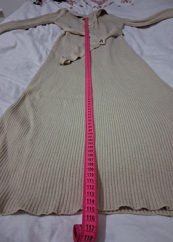 Bej Uzun Kollu Kemerli kışlık Kadın Elbise - Görsel 4