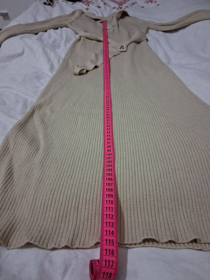 Bej Uzun Kollu Kemerli kışlık Kadın Elbise - Görsel 4