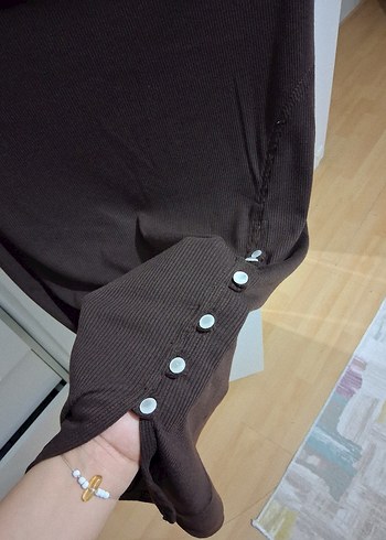 Düğmeli Uzun Kollu Kahverengi Triko crop etek TAKIMDIR. - Görsel 4