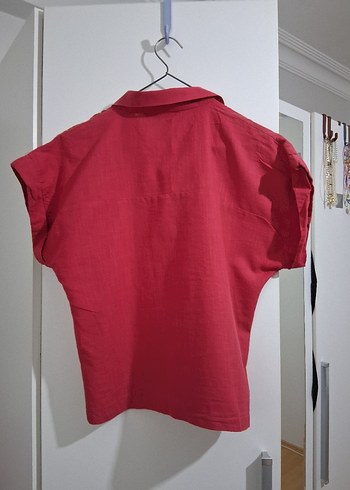 Kırmızı Kısa Kollu Keten Gömlek - Görsel 3