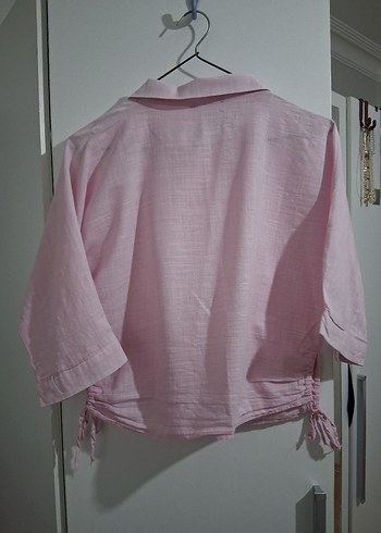 Düğmeli Pembe Keten Kadın Gömlek - Görsel 3