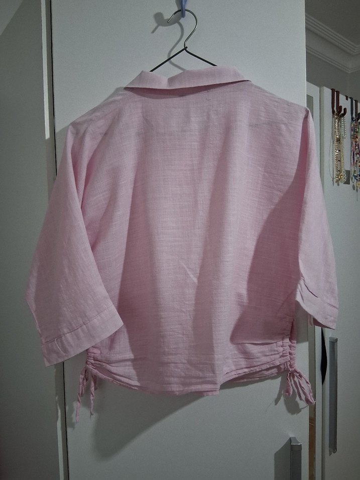 Düğmeli Pembe Keten Kadın Gömlek - Görsel 3