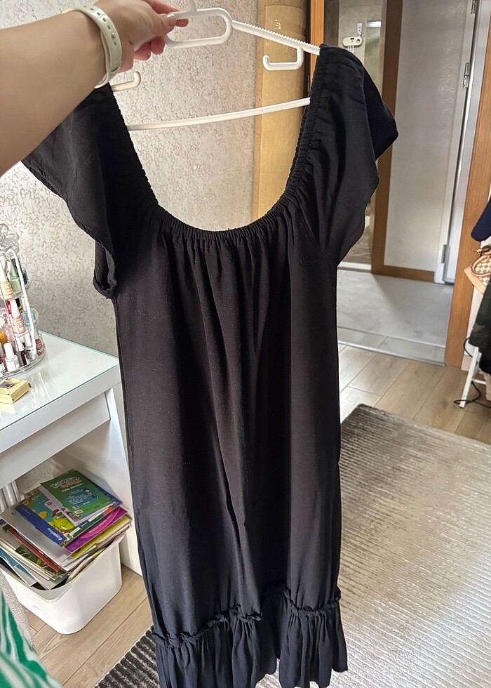 Kare yaka keten elbise - Görsel 4