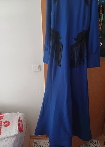 46 Beden mavi Renk Uzun Kollu Mavi Gotik Ofis Elbisesi