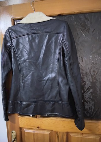 Siyah Deri Biker Ceket, Kürklü Yaka - Görsel 3