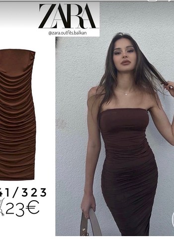 Zara Koyu Kahverengi Straplez Buzgulu Elbise