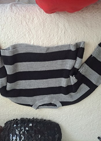 Gri Çizgili Triko salaş Kazak - Görsel 2