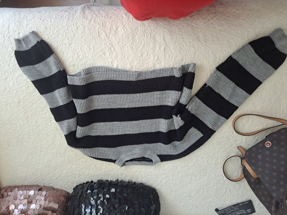 Gri Çizgili Triko salaş Kazak - Görsel 2