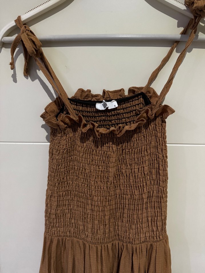 Kahverengi Uzun Askılı Keten Elbise - Görsel 2